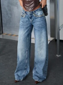 RueChic 女士低腰阔腿牛仔裤 - 淺色水洗藍 - 查看 5