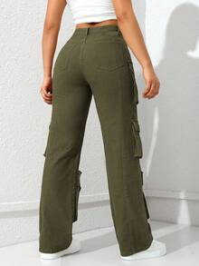 Jeanoix Women's Multi-Pocket Straight Leg Casual Jeans - Army Green - View 2
