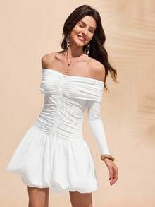 SHEIN Unity 女士简约优雅修身露肩泡泡袖连衣裙，白色短裙 - 白色 - 查看 4