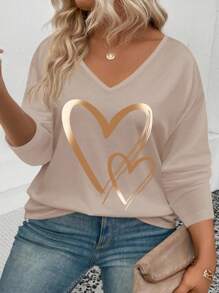 EMERY ROSE Women Plus Size V-Neck Best Selling Ombre Heart Graphic Print Long Sleeve T-Shirt, Casual Fall Cloth For Women