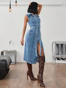 CasuGlow Women's Front Button No Sleeve Pockets Casual Long Denim Dress - Light Wash - View 5