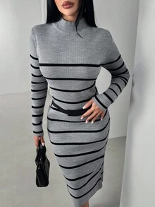 EURMUSE Vestido de punto acanalado con cinturón y rayas horizontales negras con CINTURÓN - Gris - Ver 1