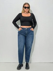 EURMUSE Plus High Waist Mom Fit Jeans - Dark Wash - View 6