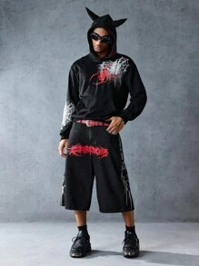 ROMWE MEN Anime Men's Fashion Spider Web Print Asymmetric Hoodie, Halloween - Black - View 5