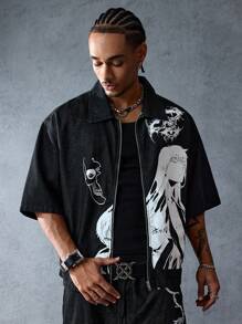 ROMWE MEN Anime Men's Denim Cartoon Character Print Zip-Up Casual Denim Jacket - Black - View 4