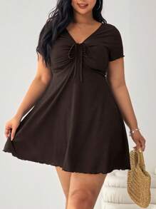 Solflare Plus Size Black Textured Knit Dress, Spring/Fall,Fall Clothes For Women Ruched A-Line Curvy Casual Clothing Curve - Chocolate Brown - View 1