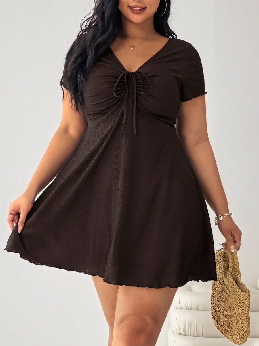 Solflare Plus Size Black Textured Knit Dress, Spring/Fall,Fall Clothes For Women Ruched A-Line Curvy Casual Clothing Curve - Chocolate Brown - View 1