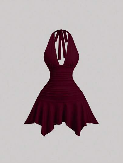 Sweetra فستان قصير أنيق للنساء للارتداء اليومي والتنقل، ذو رقبة عميقة على شكل V وظهر مكشوف، خصر مربوط وذيل غير متماثل، مناسب للصيف