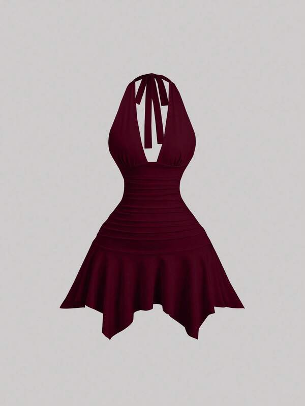 Sweetra فستان قصير أنيق للنساء للارتداء اليومي والتنقل، ذو رقبة عميقة على شكل V وظهر مكشوف، خصر مربوط وذيل غير متماثل، مناسب للصيف