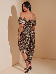 SHEIN BAE Váy xẻ tà họa tiết da báo satin trễ vai cỡ lớn dành cho nữ - màu nâu - Xem 3