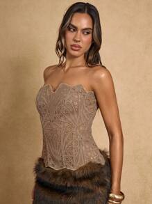 SHEIN BAE Áo crop top ren xẻ tà bên hông cho nữ, ôm vừa vặn thời trang - Màu Khaki - Xem 4