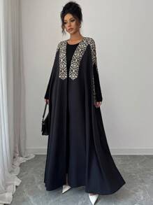 Elenzga 优雅秋季女士轻薄夹克，带编织定位花 - 黑色 - 查看 3