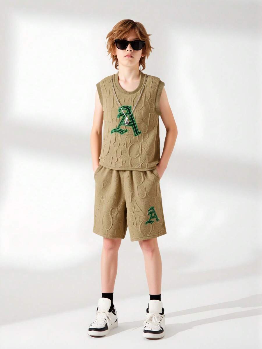SHEIN 2pcs Tween Boy Summer Casual Letter Print Tank Top And Shorts Set - Khaki - View 1