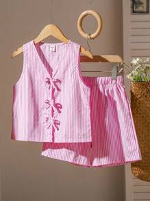 SHEIN 2 件套青少年女孩无袖编织条纹背心，带蝴蝶结装饰和松紧腰宽松短裤套装，夏季 - 粉色 - 查看 8