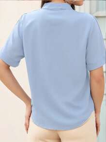 INAWLY Blus Wanita Lengan Pendek Kasual Sederhana Warna Polos - Baby Blue - View 2