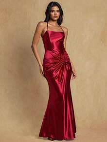 Glamine 女士红色缎面吊带裙，优雅修身连衣裙 - 紅色 - 查看 5