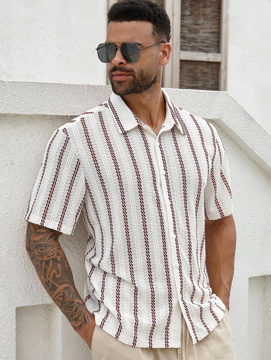 Manfinity Homme Plus Size Men's Casual Striped Short Sleeve Shirt, Summer - Multicolor - View 1