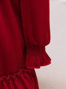 Glamorique Kids Baby Girls' Autumn/Winter New Velvet Korean Fleece Design V-Neck Ruffle Bow Elegant Party Dress,Christmas Dress - Red - View 8