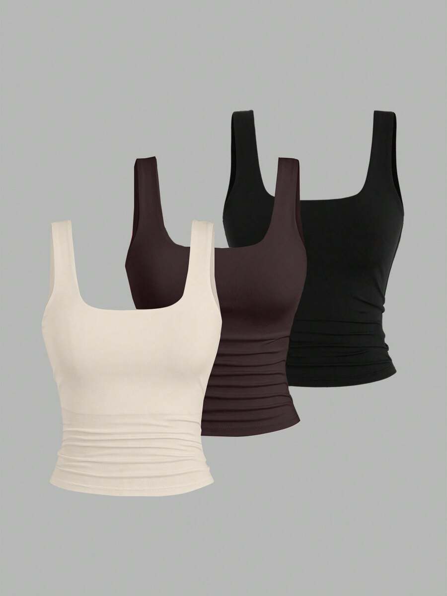 Sweetra Tank Top Kasual Wanita Warna Polos dengan Leher Persegi dan Lipit, Pas Badan. - MultiWarna - View 1