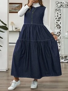 SHEIN CURVE+ 大码女式休闲宽松无袖牛仔连衣裙 - 藍色 - 查看 7