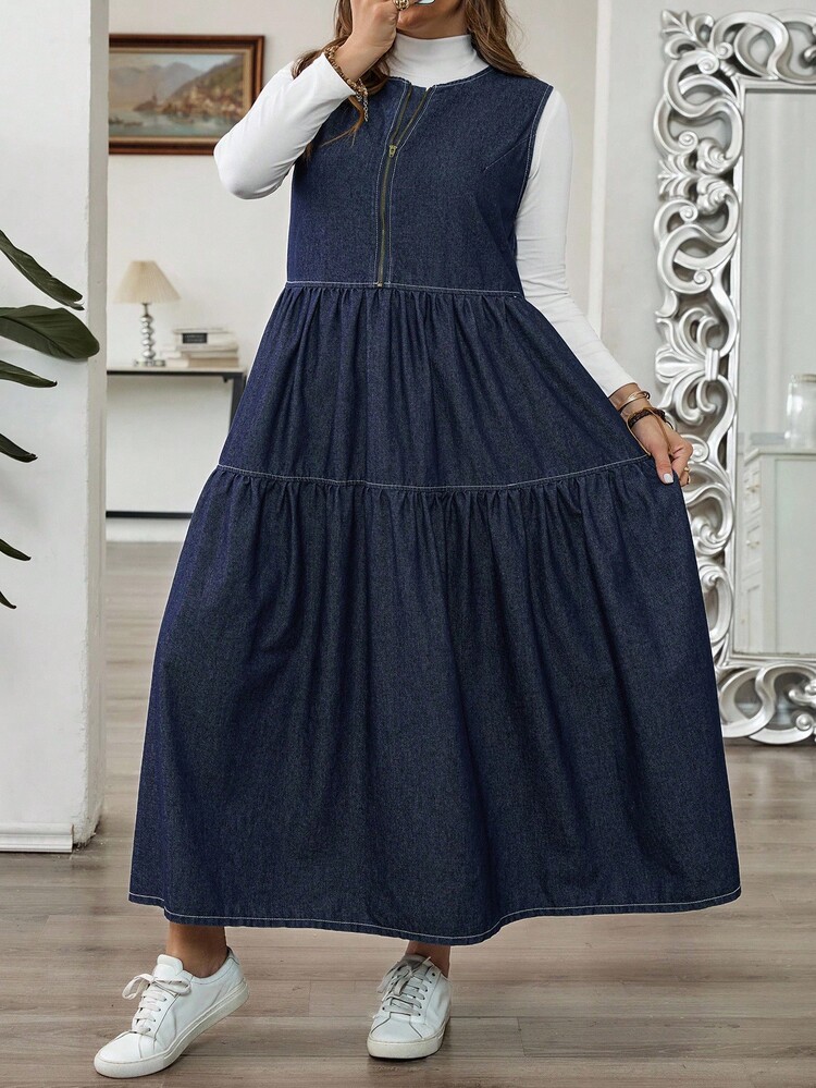 SHEIN CURVE+ 大码女式休闲宽松无袖牛仔连衣裙 - 藍色 - 查看 7