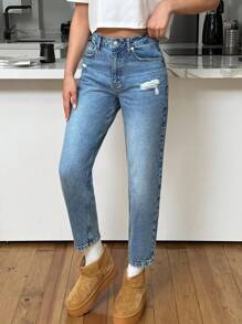 SHEIN Tall 100% Cotton HIGH RISE MOM CUT RIPPED WOMEN JEAN TALL Women Clothing Jeans Jeans Outfit For Women Jeans For Women Women S Street Wear Women Summer Clothing Women S Bottoms Woman S Summer Clothes Women Jeans Plus Size - Medium Wash - View 7