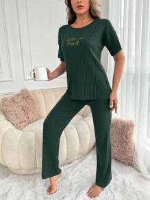 EURMUSE Women 2pcs Rib Knit With Lettered Short Sleeve Shirt&Pants Homewear Set - Green - View 5