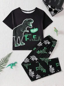 SHEIN 2 件青少年男孩短袖睡衣套装，轻盈酷炫恐龙印花，带有可爱恐龙和字母图案的衬衫，全身恐龙印花的裤子 - 黑色 - 查看 4