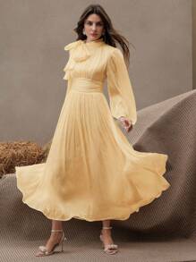 Anewsta Essential Abito elegante e versatile in tessuto plissettato e lucido, adatto per la primavera e l'autunno, con vita arricciata - Giallo - Visualizzare 2