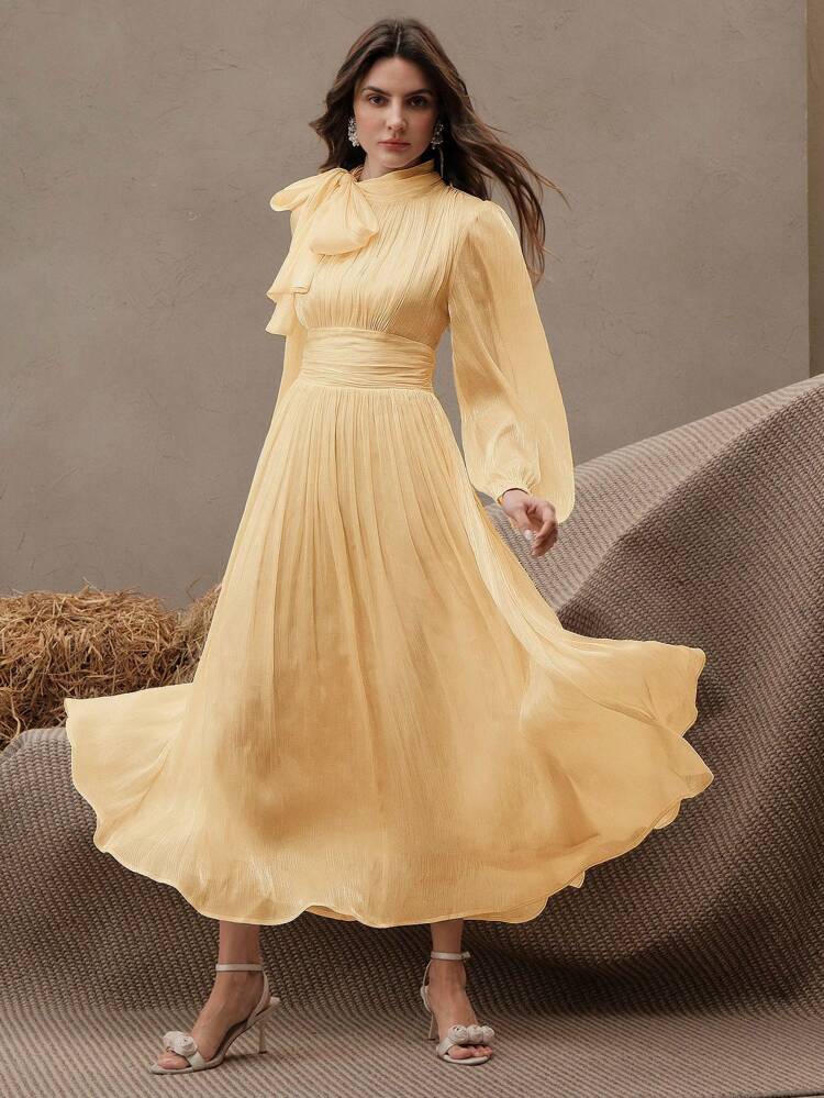 Anewsta Essential Women's Long Pleated Waist Shiny Elegant Versatile Dress For Spring/Autumn