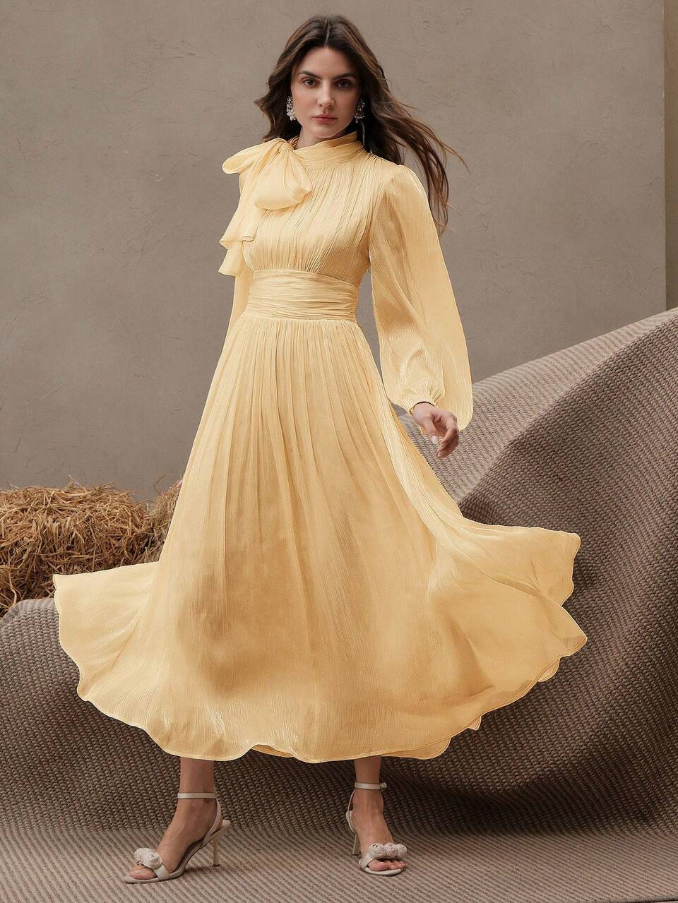 Women's Long Pleated Waist Shiny Elegant Versatile Dress For Spring/Autumn