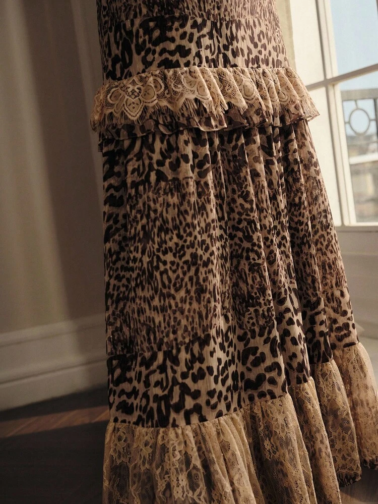 LEOPARD PRINT LACE RUFFLE TRIM SKIRT