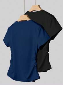 INAWLY Women's Fashion Versatile Ruched Waist Fitted 2 Pieces T-Shirt Set - Navy Blue - View 2