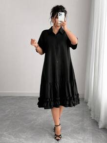 Elenzga Plus Size Casual Vacation Dress With Ruffle Collar Plus Size Ruffle Dress Plus Size Dress Ruffle Dress Plus Size Plus Size Black Dress Plus Size Elegant Black Dress - Black - View 7