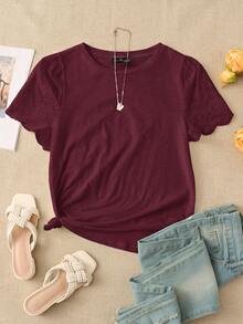 SHEIN LUNE 休闲时尚百搭纯色圆领短袖大码女式T恤 - 酒紅色 - 查看 1