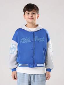 SUMWON Varsity Athletic Limited Edition Tween Boys Jacket Blue Grey Contrast Sleeves Autumn Winter Letter Print College Style Casual Everyday Outerwear With Hood - Blue - View 7