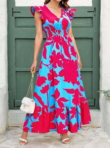 SHEIN Clasi Small Cap Sleeve Cinched Waist Ruffle Hem Maxi Dress,Bohemian Clothes - Multicolor - View 3