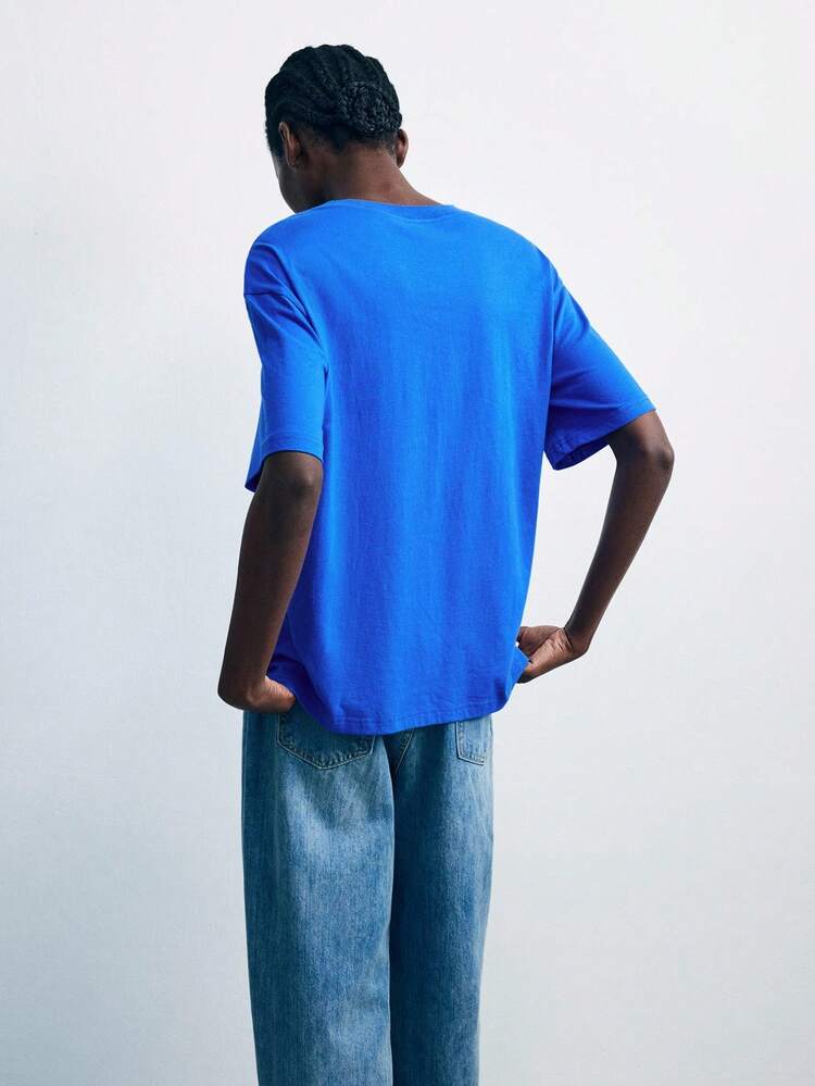 SHEIN X ArenalSound SHEIN Maija Women's Casual Loose Slogan Print Round Neck Short Sleeve T-Shirt, Summer Blue Graphic T-Shirt Rave Festival