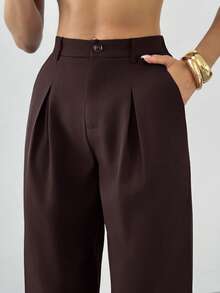 Firerie Women Elegant Mocha Brown Bamboo Textured Wide-Leg Comfortable High-Waisted Trousers/Pants,Graduation,Teacher Outfits For Women,Back To School,Elegant Going Out Tops,Back To School,Grunge Clothes, Fall Clothes Women,Teacher Outfits - Khaki - View 2