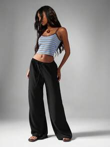 MISSGUIDED Pantalones palazzo de pierna ancha con efecto martillado y satinado, cintura alta con cordón, pantalones de salón elegantes y fluidos para fiestas, eventos, uso casual y cómodo, ideal para usar en vacaciones y verano - Negro - Ver 3