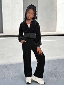 Tween Girl Velvet Rhinestone Hoodie & Fitted Pants 2pcs Suit Set, Fashion Casual Outfit For Halloween, Christmas Party, Weekends, Casual Outing Fall Winter - Black - View 11