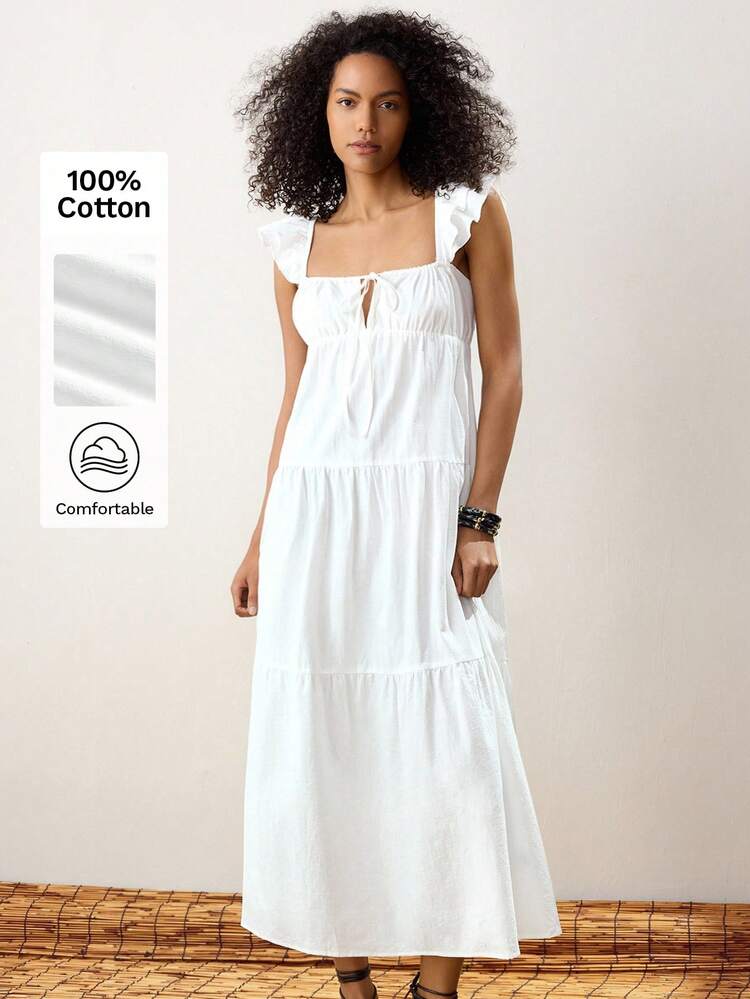 SHEIN Maija Women's Cute White Woven Fabric Long Dress With Short Sleeves, Square Neckline, And Ruffle Hem Detail
