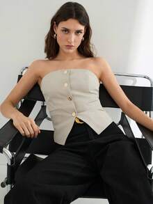 Maija Women's Apricot Summer Top, Solid Color Front Single-Row Metal Button With Pockets, Back Elastic Waist, Sleeveless Fitted Crop Top, Fashionable Simple Sexy For Holidays, Office, Casual, Business, Commuting, Airport - Khaki - View 2