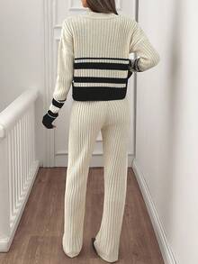 EURMUSE Tall Size Casual Two Pieces Outfit For Winter With Sweater And Sweater Pants Two Piece Knit Set Striped Knit Set Ribbed Knit Set,Co Ords Sets Women,Co Ord,Autumn Outfits Women - Black and White - View 2