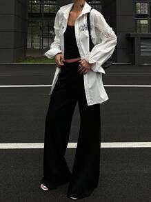 DAZY Blusa elegante de manga larga con botones frontales y bordado floral para mujeres - Blanco - Ver 3