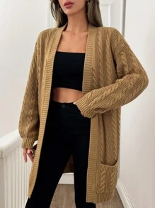 SHEIN Tall Tall Women Casual Autumn Winter Cable Knit Solid Cardigan,Long Cardigans Woman,Petite Cardigans,Cardigans - Brown - View 3