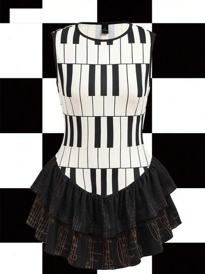 Shutterstock Y2Kool Vestido mini de línea A para mujer, en blanco y negro, estilo Y2K, con motivos de piano y notas musicales, efecto degradado, estilo urbano casual, adecuado para verano, vacaciones, reuniones, fiestas y uso diario