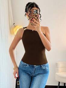 Rafferiza 女式黑色性感金属褶皱无袖紧身衣 - 棕色 - 查看 3