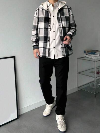 SHEIN 2 件套青少年男童休闲舒适格子色块连帽衫夹克和裤子套装，街头朋克摇滚学院风，适合日常、派对、音乐节