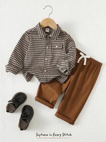Cozy Pixies 2pcs Baby Boy Solid Color Lapel Long Sleeve Cardigan And Elastic Waist Pants Set Fall Winter - Multicolor - View 3